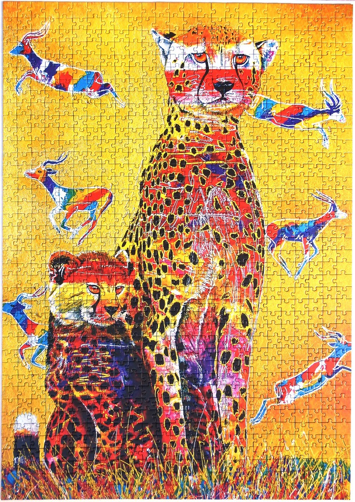 A vibrant illustration of two cheetahs surrounded by colorful leaping antelope against a golden yellow background.