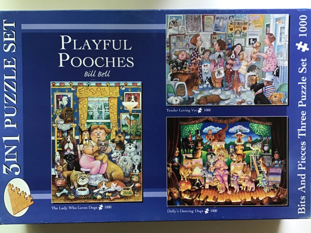 Three humorous cartoon illustrations featuring dogs and people in a veterinary clinic, a living room, and a stage show.