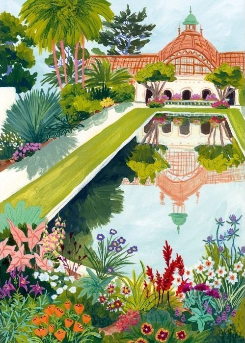 A painterly illustration of a domed conservatory reflected in a tranquil garden pond, surrounded by colorful flowers.
