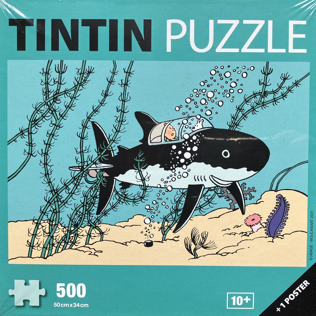 Tintin in a shark-shaped submarine underwater illustration