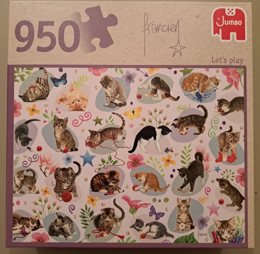 An illustration featuring a pattern of various playful kittens, flowers, butterflies, and stars on a light background.