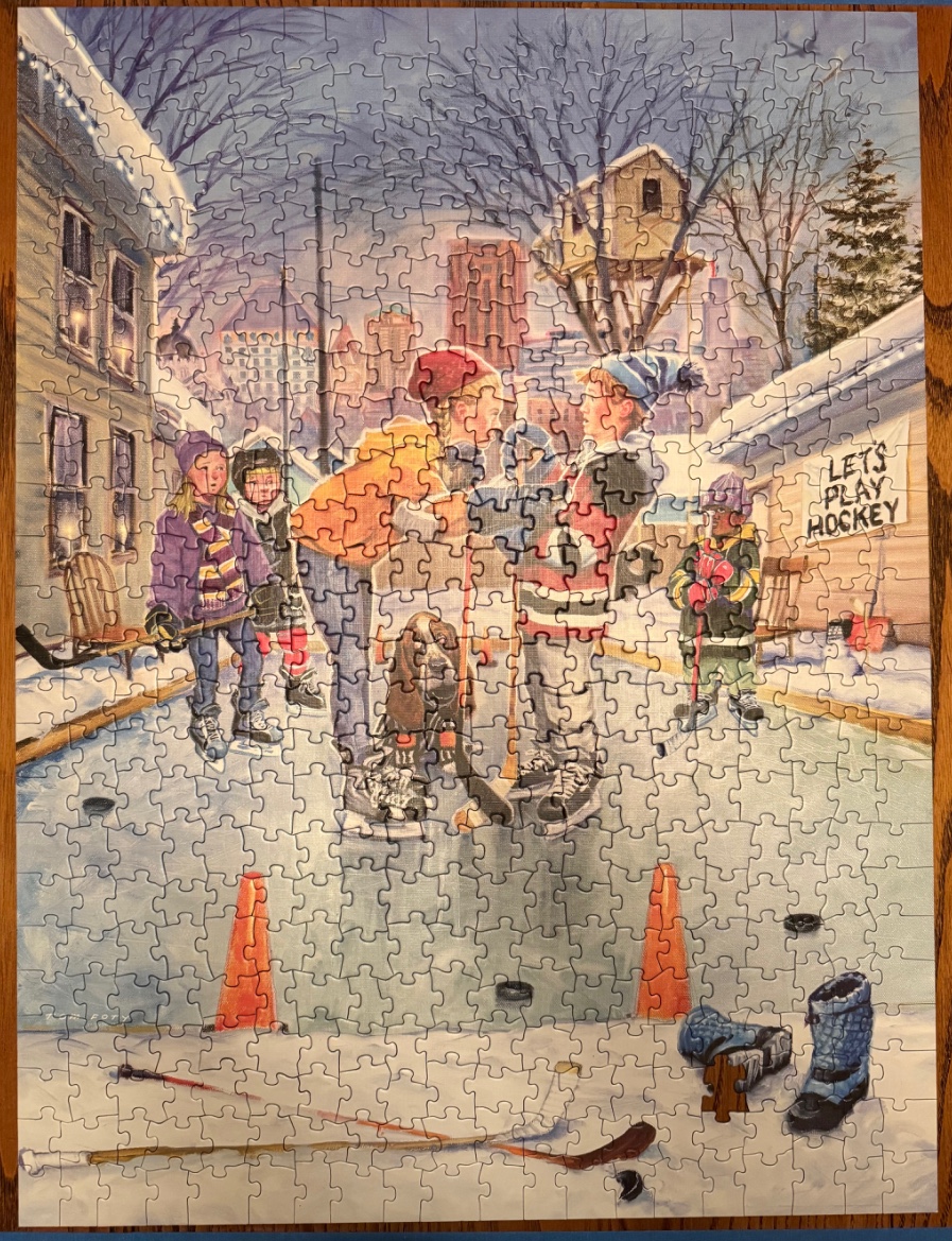 Children playing street hockey on a snowy day, with a "Let's Play Hockey" sign.