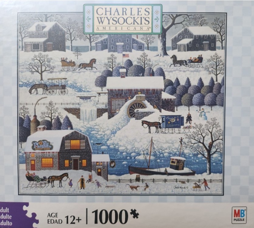 A whimsical winter folk art scene featuring a stone water mill, a donut barn, horse-drawn sleighs, and a frozen harbor.