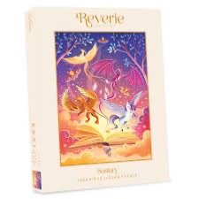 Fantasy illustration of mythical creatures emerging from an open glowing book against a twilight sky.