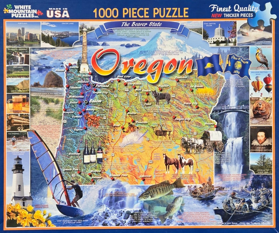 A collage-style illustrated map of Oregon featuring iconic landmarks, wildlife, and regional activities.