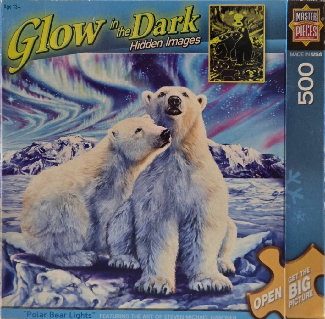 Two polar bears sitting on ice against an aurora borealis sky.