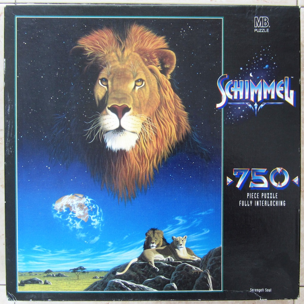A fantasy illustration of a lion's face floating in a starry night sky above a pair of lions resting on a rocky outcrop.