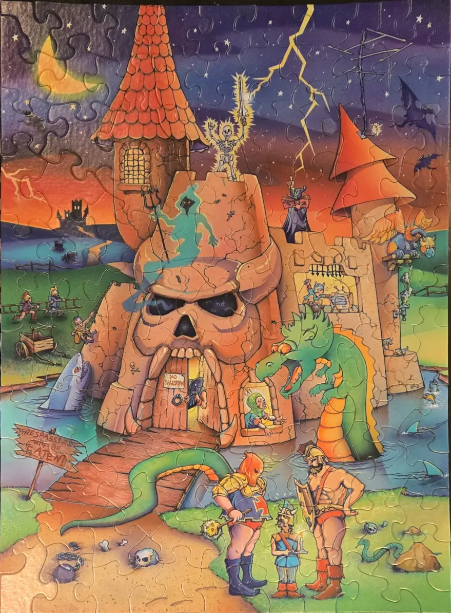 Cartoon fantasy illustration of a skull-shaped castle with a dragon, skeleton, and various warriors at night.