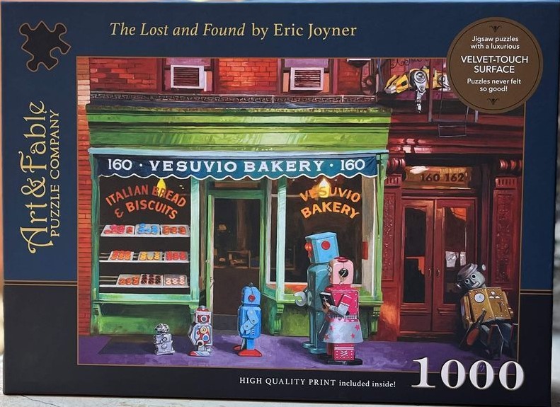 A whimsical illustration of small retro robots standing outside a storefront called Vesuvio Bakery.