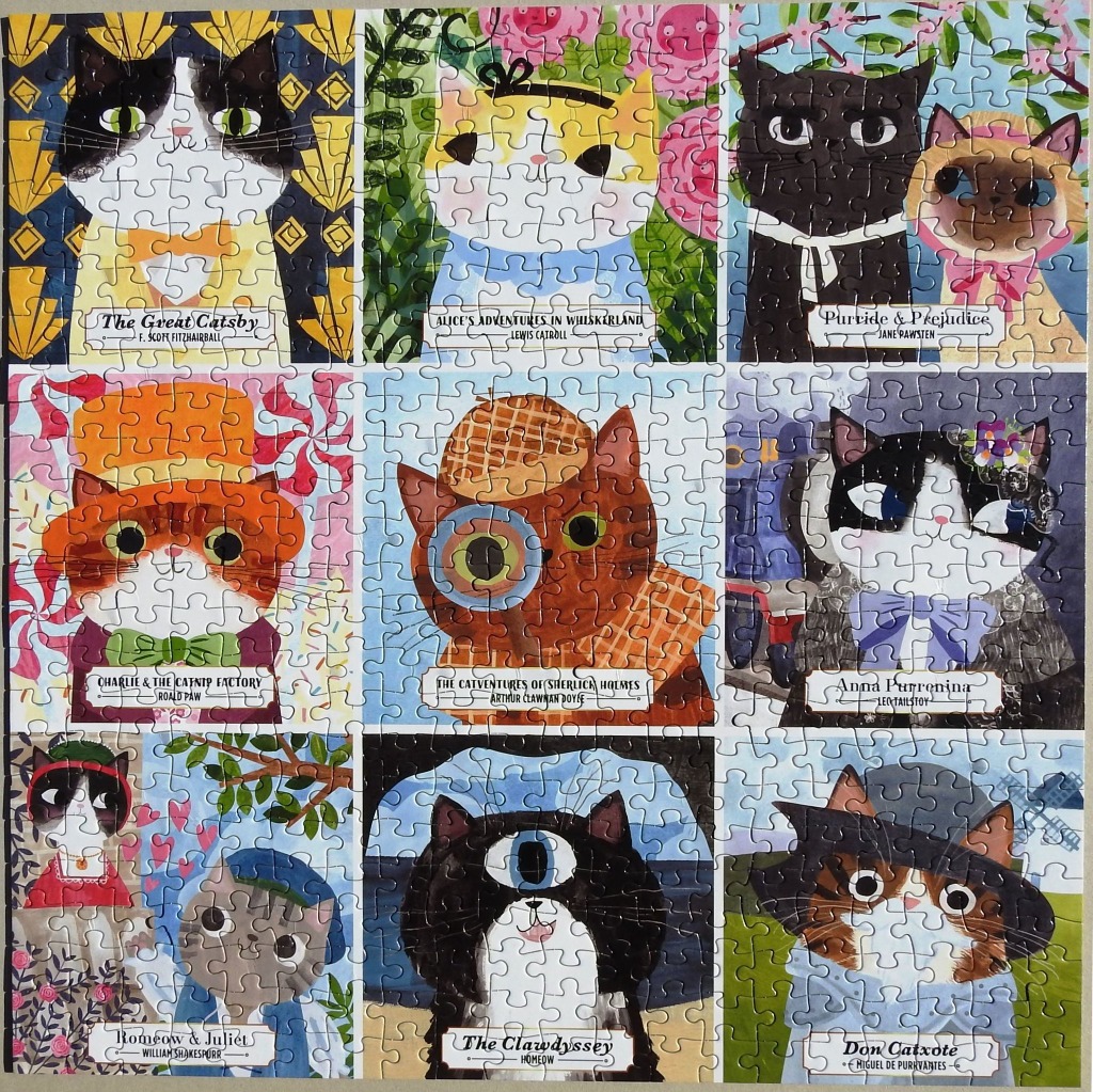 A grid of nine cat-themed parodies of famous book covers featuring literary feline characters.