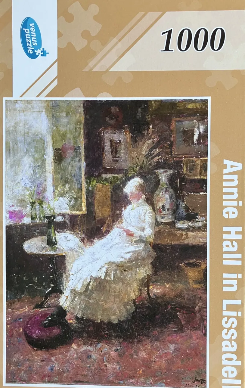 Impressionist oil painting of a woman in a white dress sewing in a dark, dimly lit study.