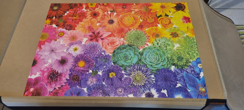 A vibrant rainbow-colored collage of various flowers and succulents.