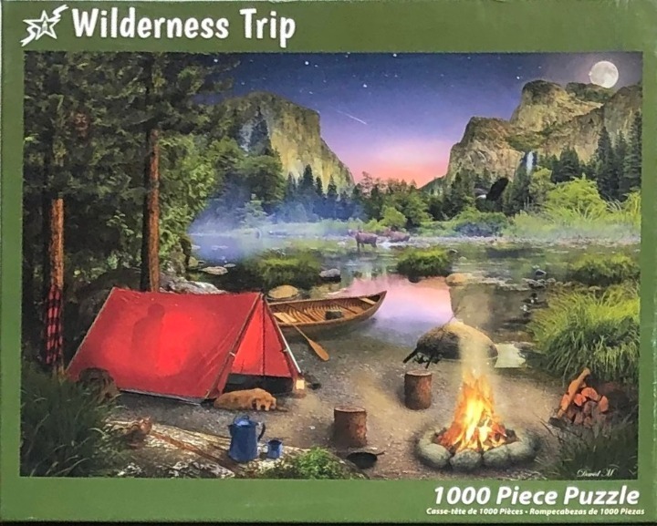 A campfire glows in front of a red tent by a mountain lake at twilight, with wildlife visible in the distance.