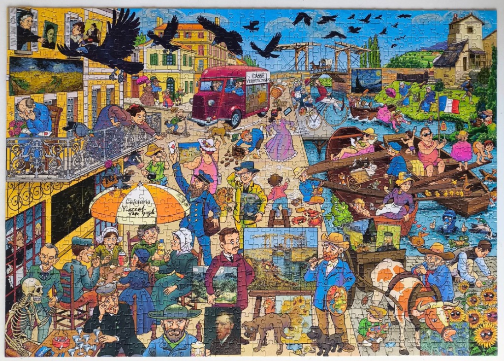 A whimsical, busy cartoon illustration depicting a day in the life of Vincent van Gogh in a lively French town.