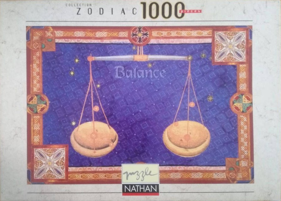 An illustration of the Libra zodiac symbol featuring a pair of golden scales against a deep purple patterned background.