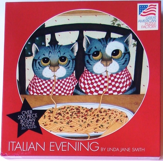 An illustration of two cartoon cats with large eyes eating spaghetti together from the same plate.