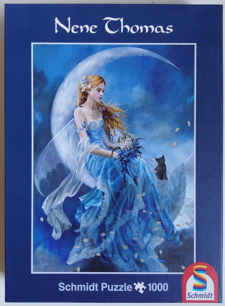 Fantasy illustration of a woman in a blue gown sitting on a crescent moon with a black cat.