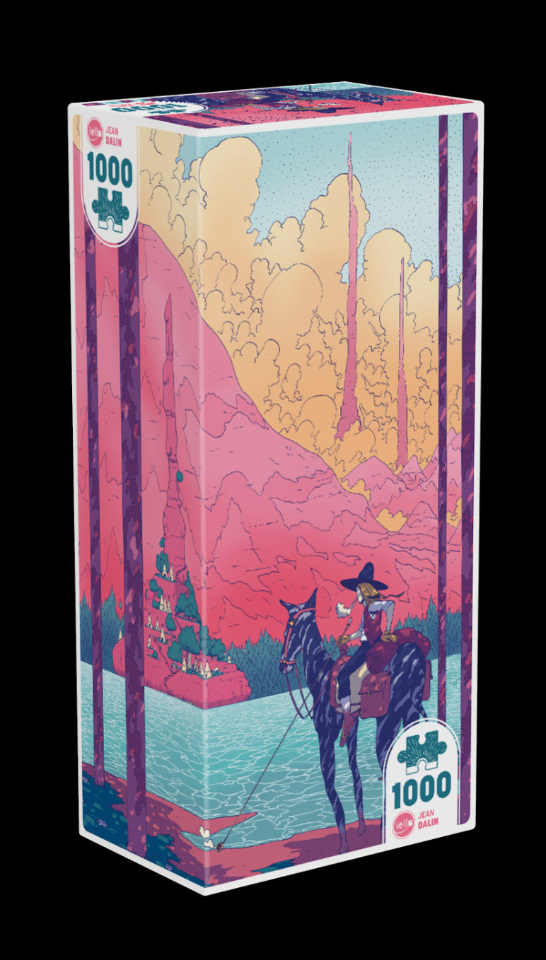 An illustration of a traveler on a striped horse looking at a pink mountain landscape with tall spires.