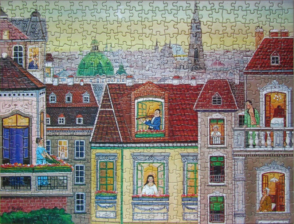 An illustration of an urban city scene with residents in apartment windows against a backdrop of a cathedral and sunset.