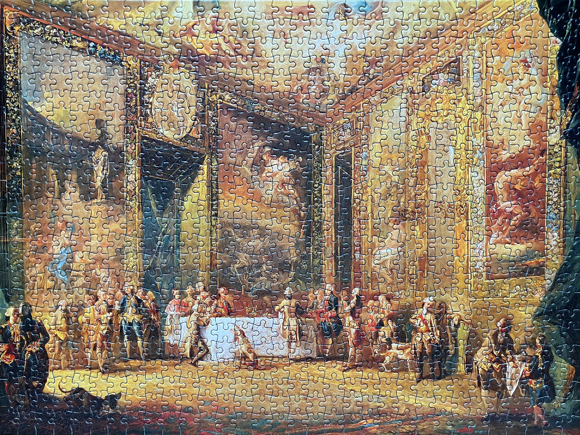 An opulent 18th-century ballroom scene featuring aristocrats dining in a lavishly decorated, gold-trimmed hall.