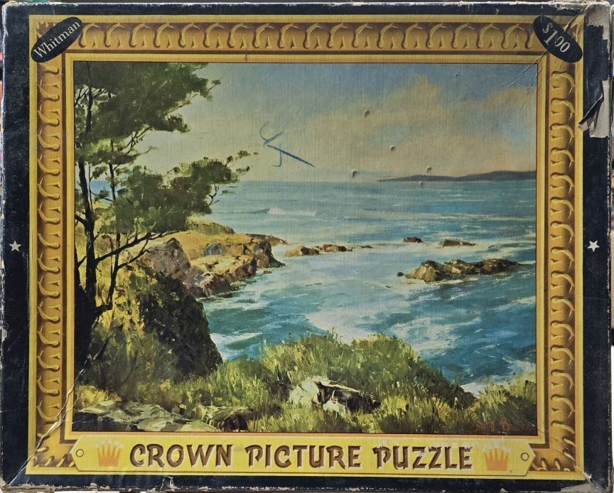 An oil painting of a rugged coastal scene with a dark tree on the left and rocky cliffs overlooking the ocean.