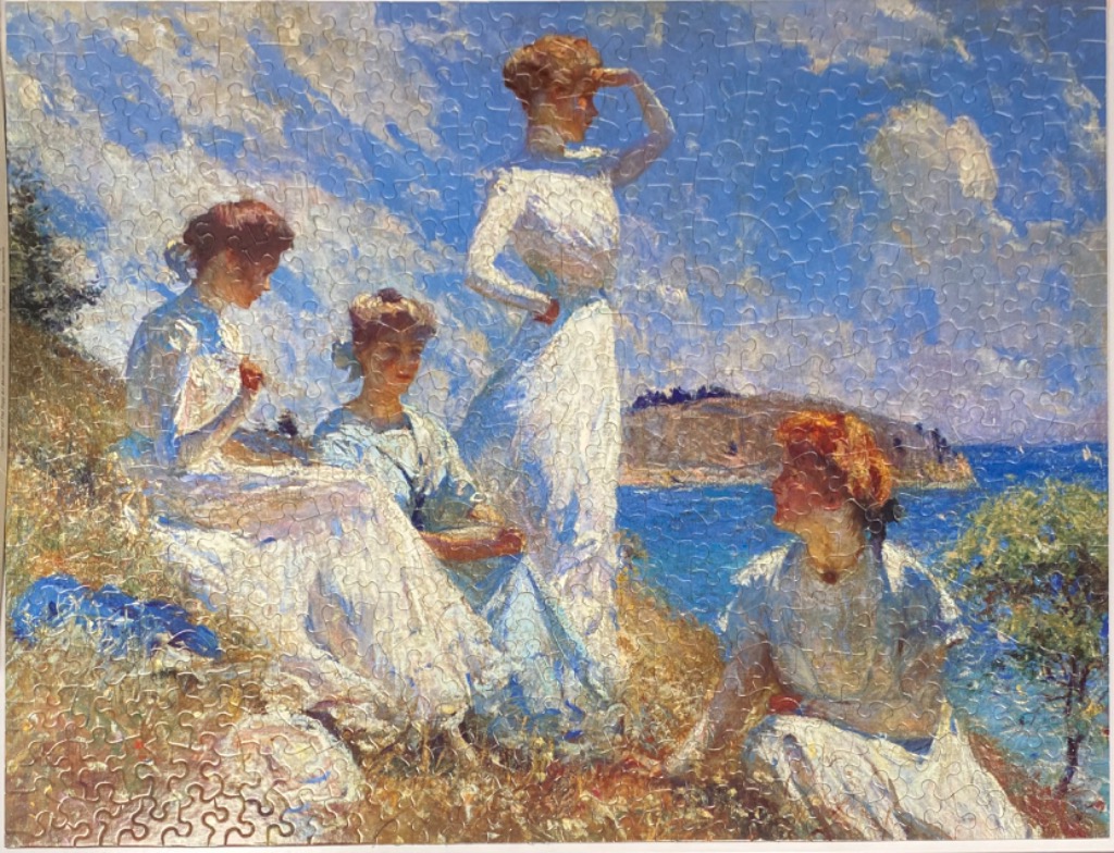 An impressionist painting of four women in white dresses gathered on a sunny hillside overlooking the sea.
