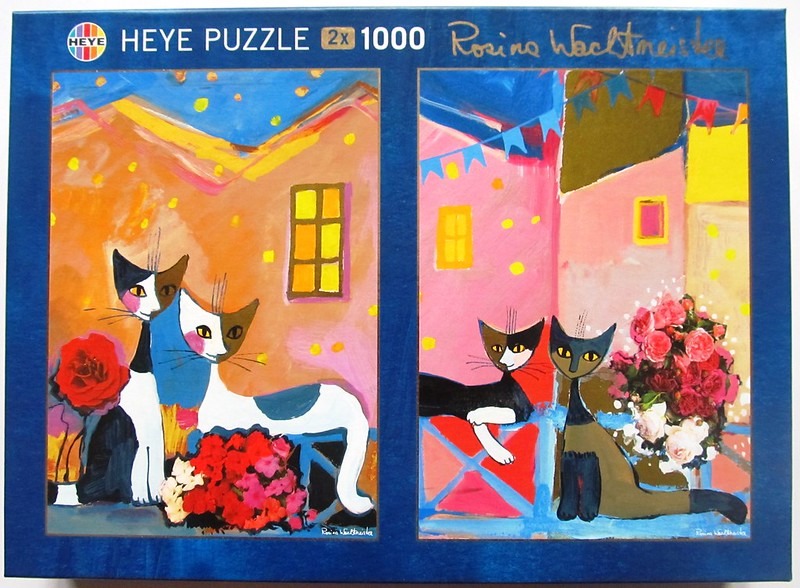 Two separate whimsical paintings of stylized cats in outdoor settings with flowers and bright colors.
