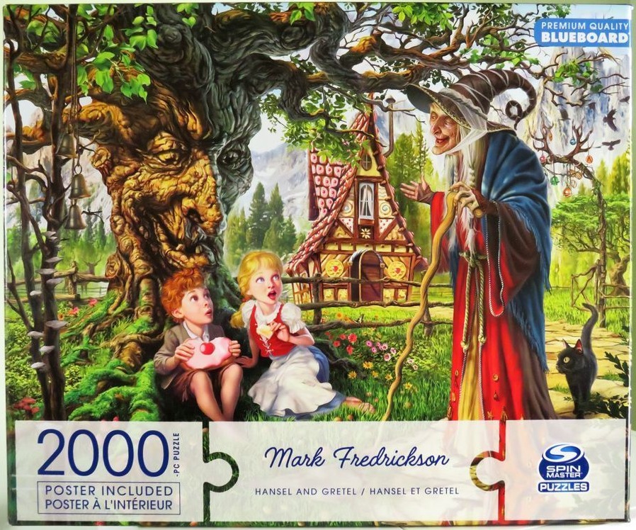 Illustration of Hansel and Gretel sitting under an ancient tree as a witch approaches them outside a cottage.