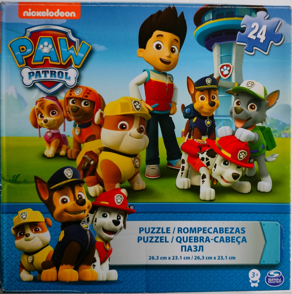 Digital illustration of the Paw Patrol characters standing in front of their lookout tower headquarters.