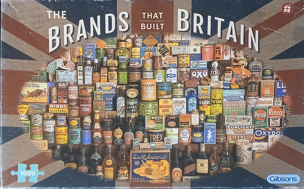 A montage of vintage British product packaging arranged against a Union Jack background.