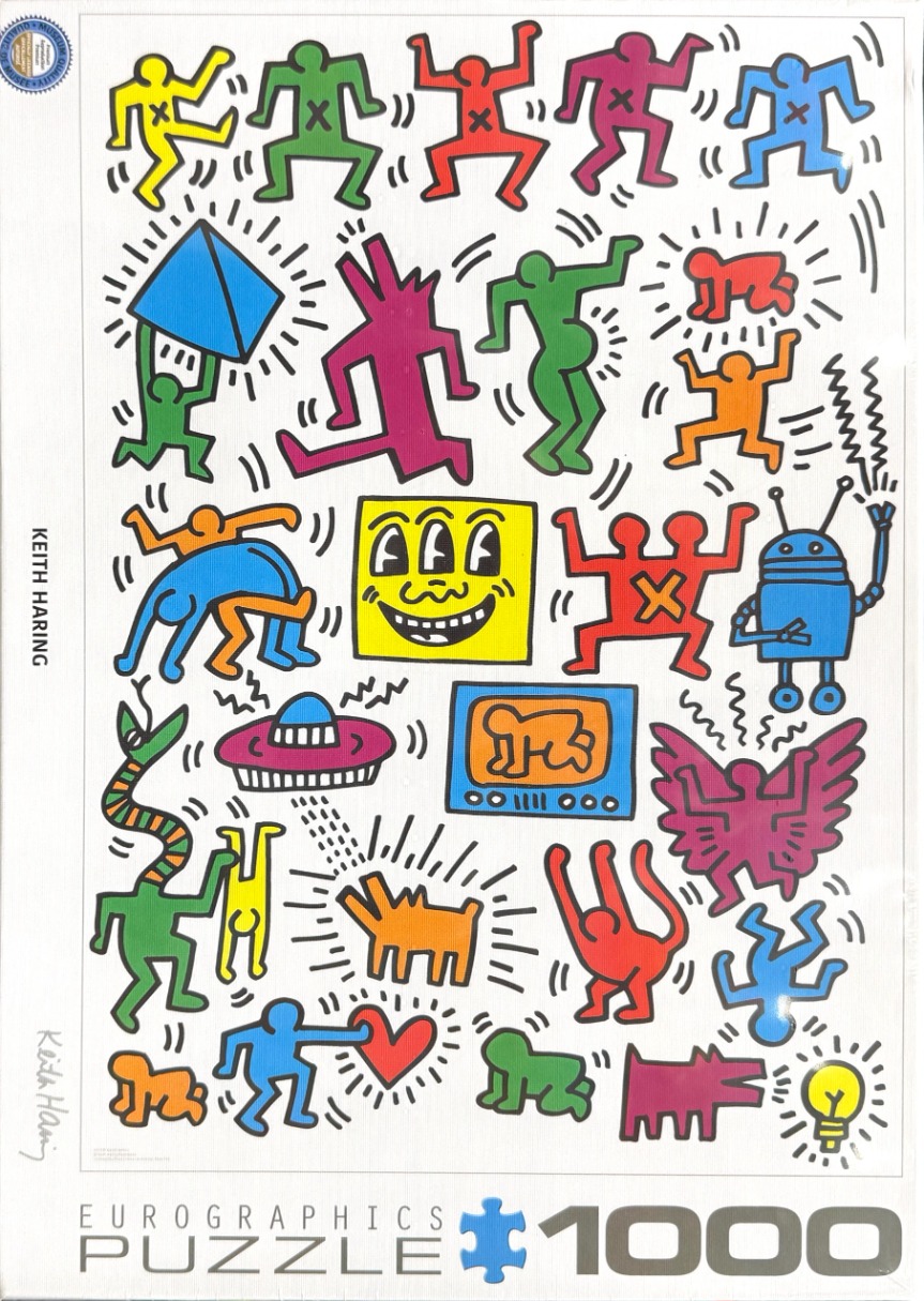 A collection of iconic, colourful Keith Haring figures and symbols on a white background.