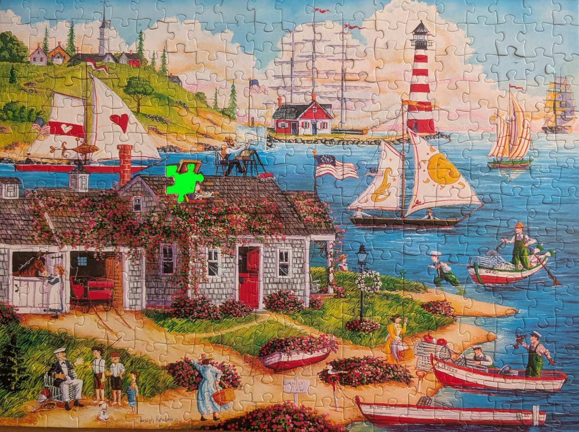 Whimsical coastal scene with a lighthouse, sailboats, and a cottage by the sea