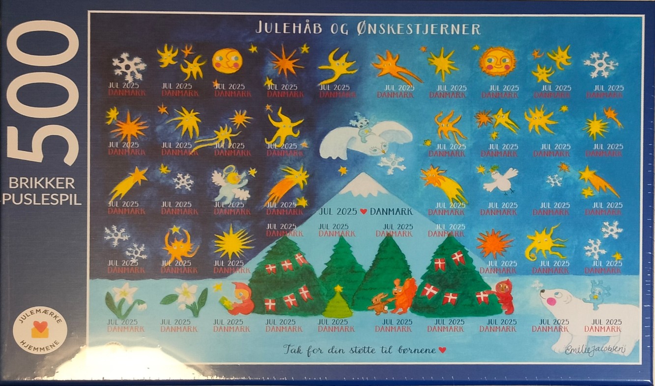 A whimsical illustration of stars, snowflakes, and holiday animals against a blue gradient sky.