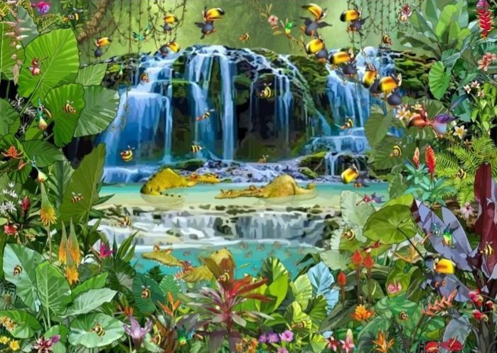 A lush tropical jungle scene featuring a cascading waterfall, two resting crocodiles, and numerous toucans and bees.
