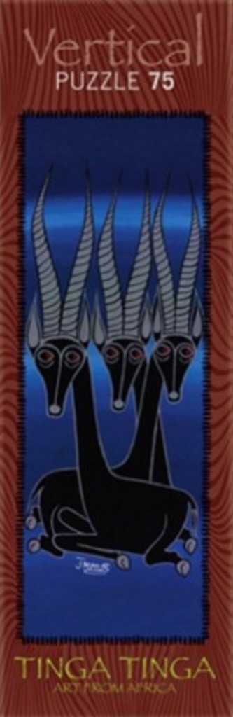 Stylized artwork of three gazelles with long, spiraled horns against a deep blue background.