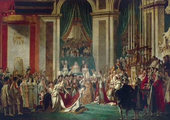 The coronation ceremony of Napoleon Bonaparte inside a grand cathedral.
