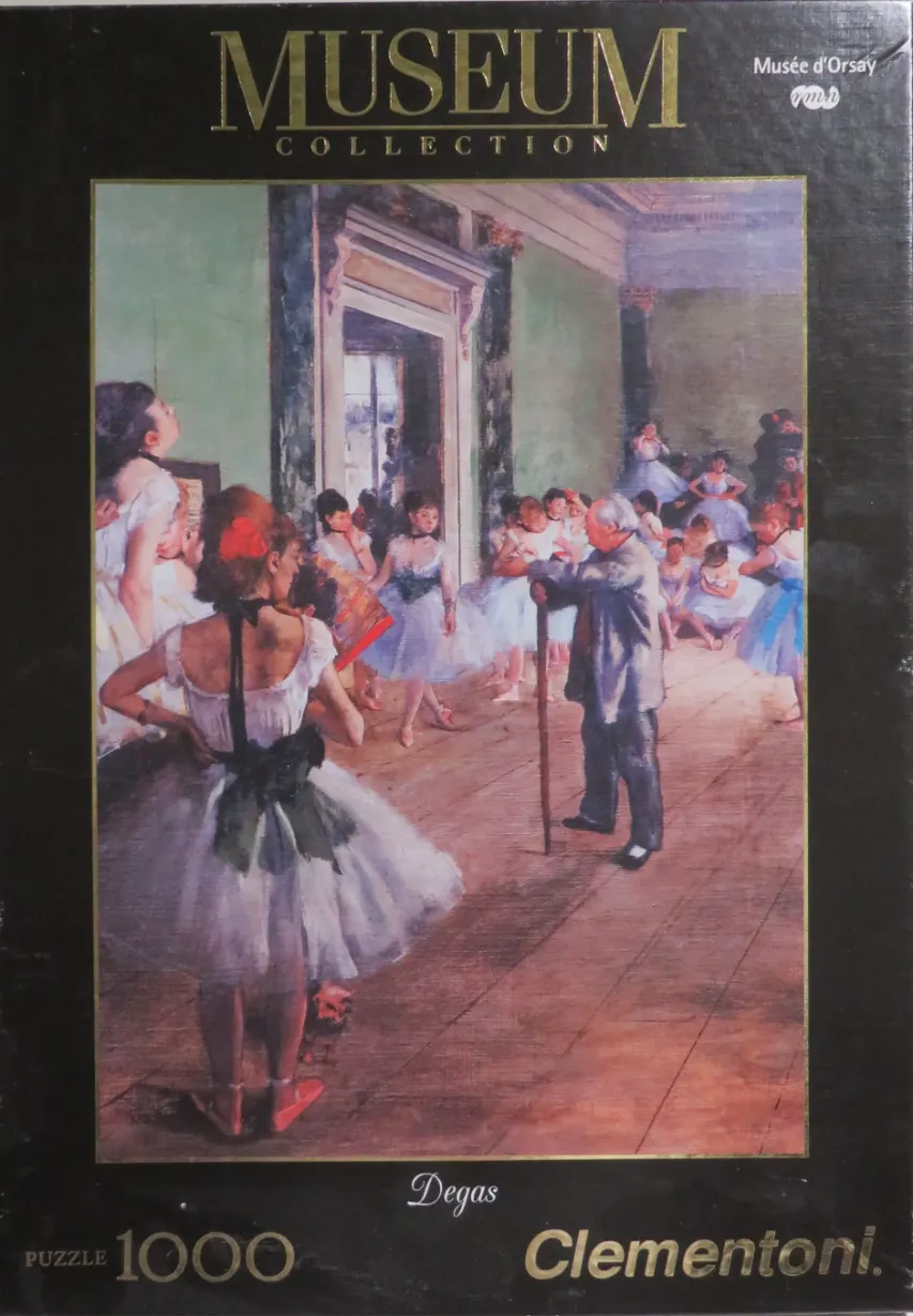 A painting of a ballet rehearsal with an elderly instructor and multiple ballerinas in a studio.