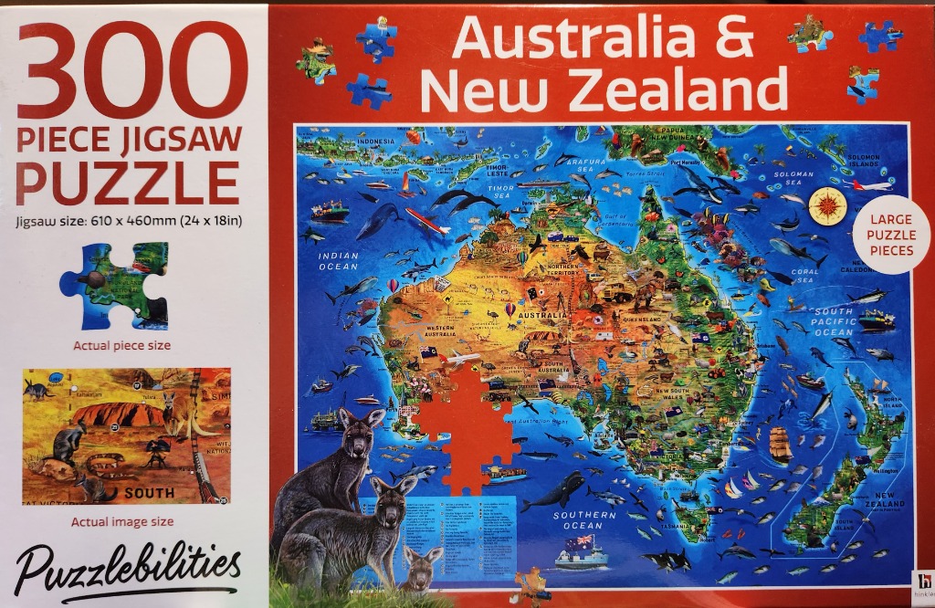Illustrated map of Australia and New Zealand featuring animals, ships, and geographical landmarks.