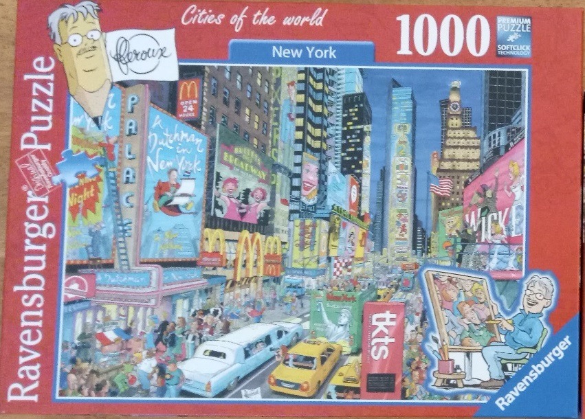 Cartoon illustration of a busy New York City street scene in Times Square.