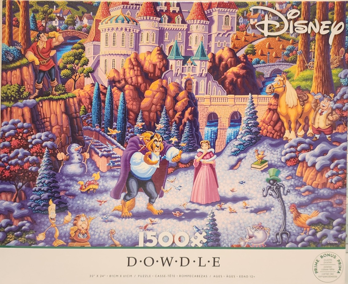A whimsical winter scene featuring characters from Beauty and the Beast in front of a grand castle.