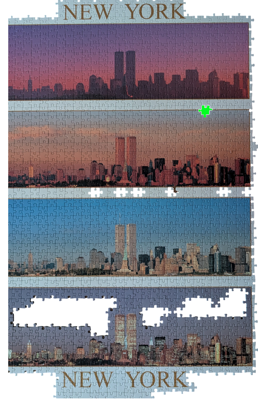 A four-panel montage of the New York City skyline at different times of day, featuring the Twin Towers.