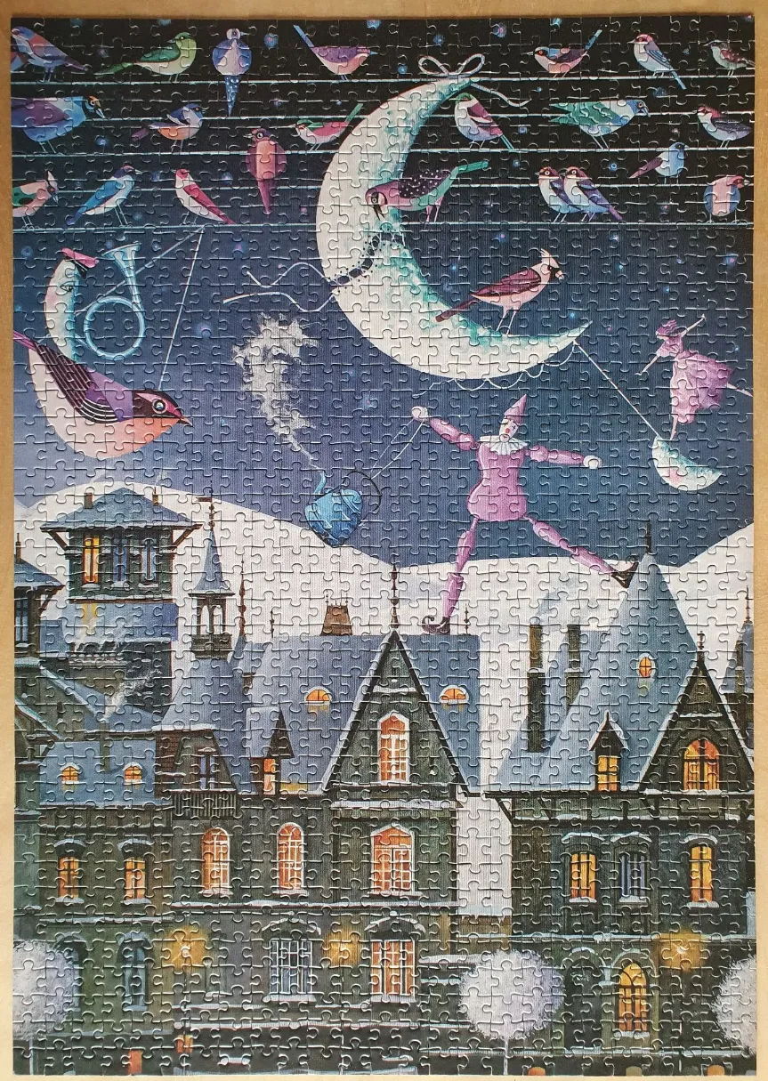 Whimsical illustration of a nighttime cityscape with birds on telephone wires and a pierrot balancing on a tightrope.