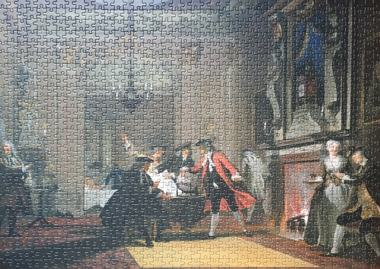 An 18th-century style painting of a group of men and women conversing in a dimly lit, ornately decorated room.