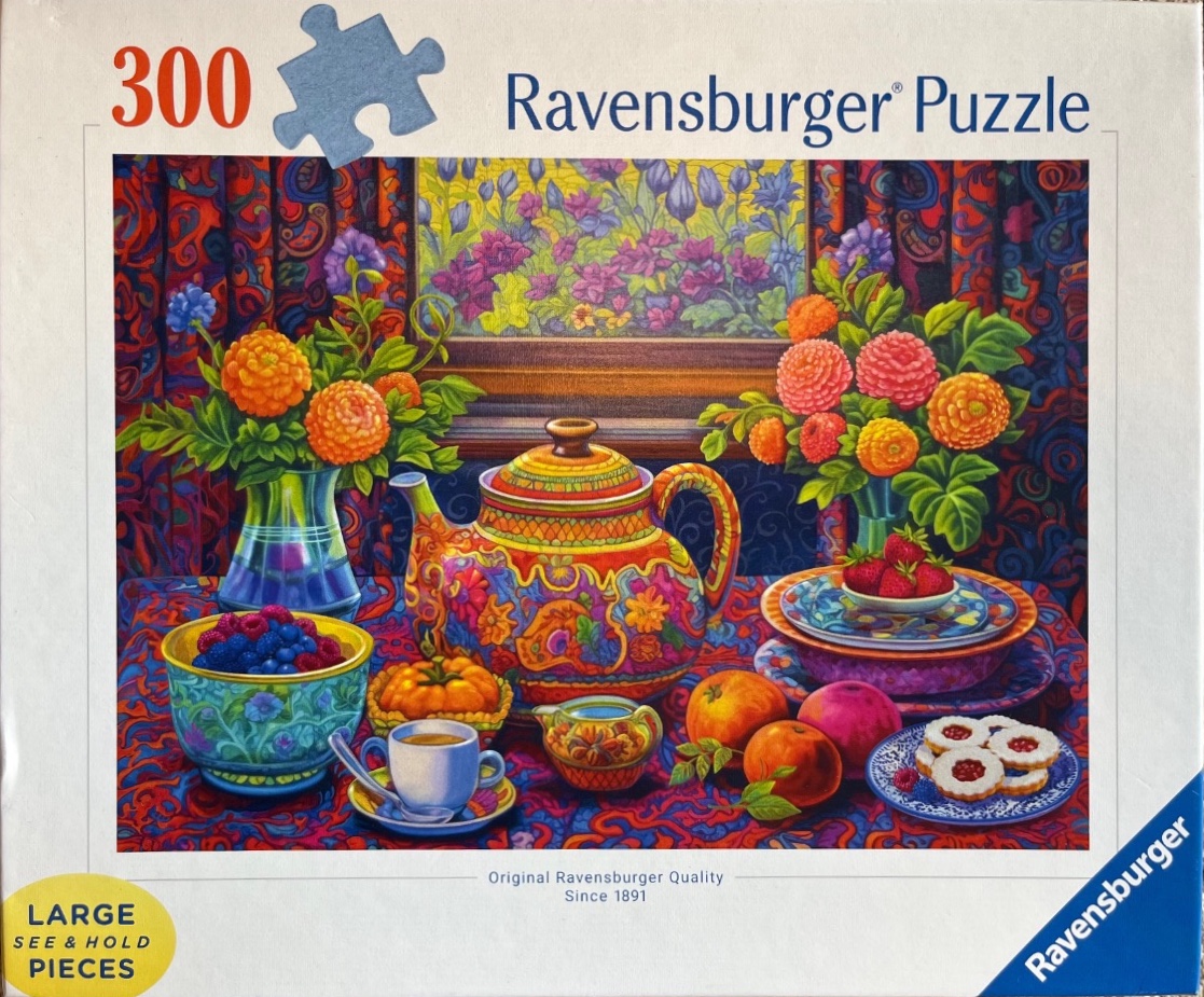 A vibrant, painterly still life featuring a patterned teapot, bouquets of flowers, fruit, and cookies on a patterned table.
