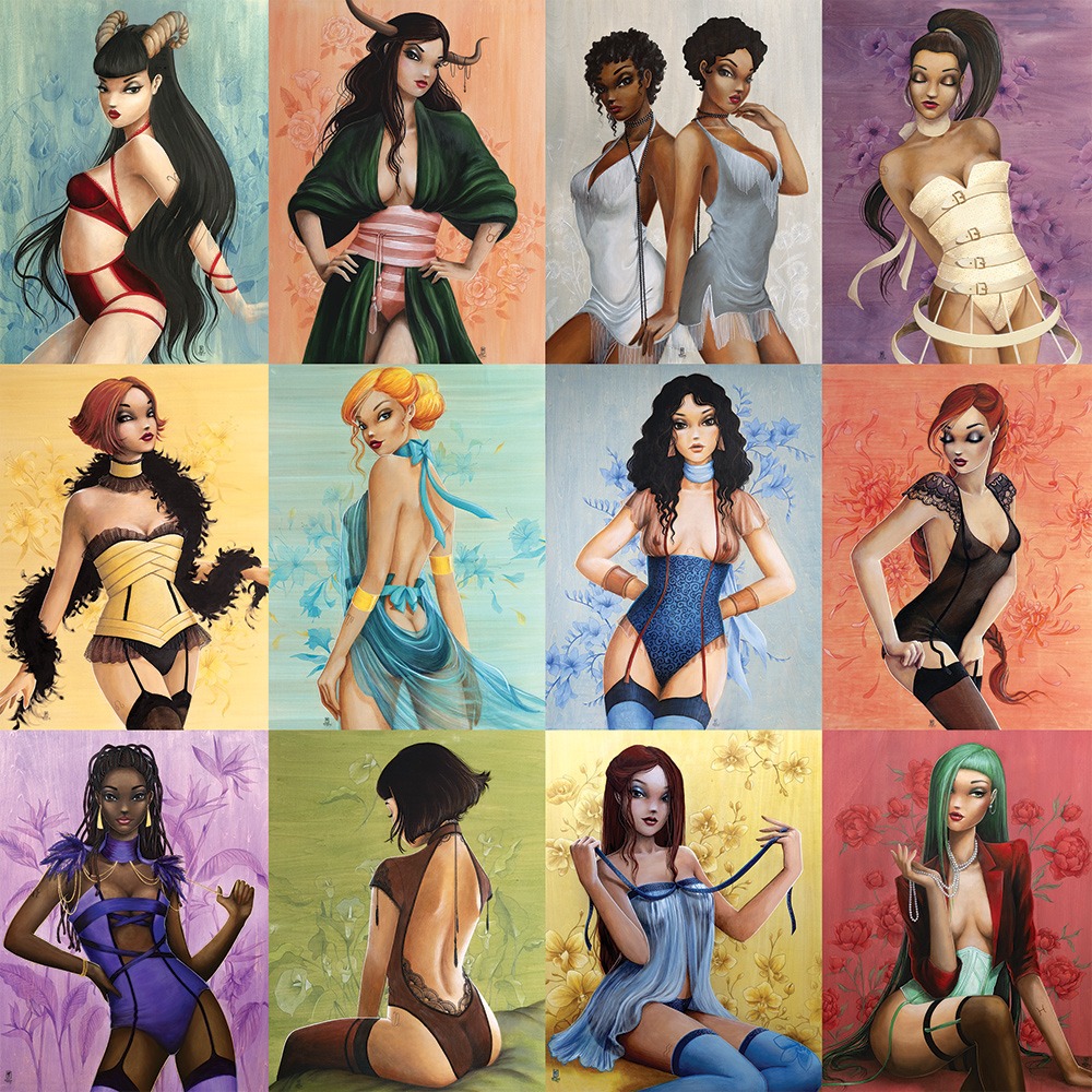 A collage of twelve stylized illustrations of women representing the twelve zodiac signs.
