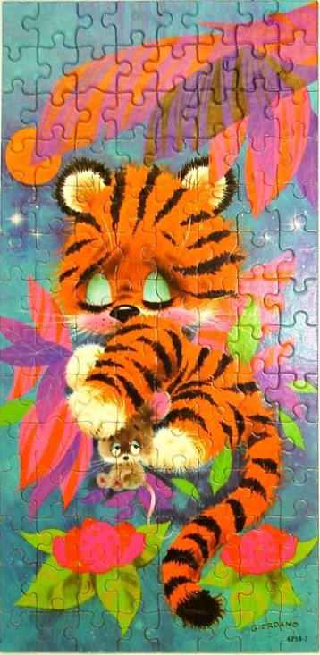 A cartoon illustration of a cute tiger cub holding a small brown mouse surrounded by tropical flowers.