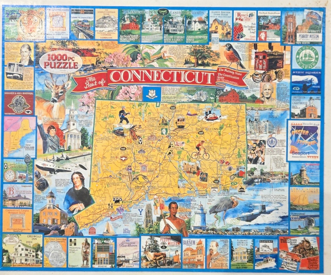 A collage map of Connecticut featuring landmarks, wildlife, and historical figures