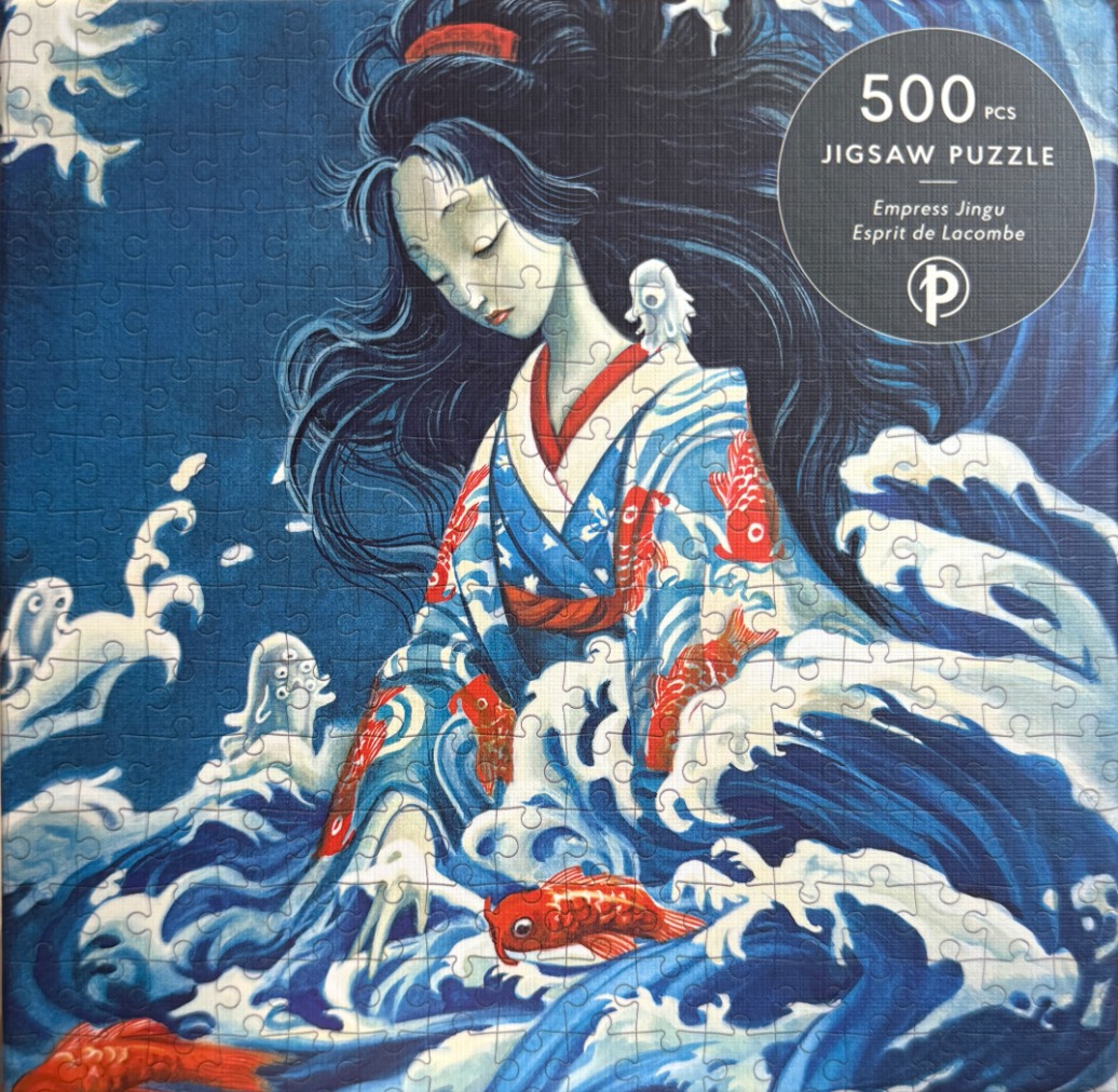 An illustration of Empress Jingu with dark hair flowing into stylized blue ocean waves and orange koi fish.