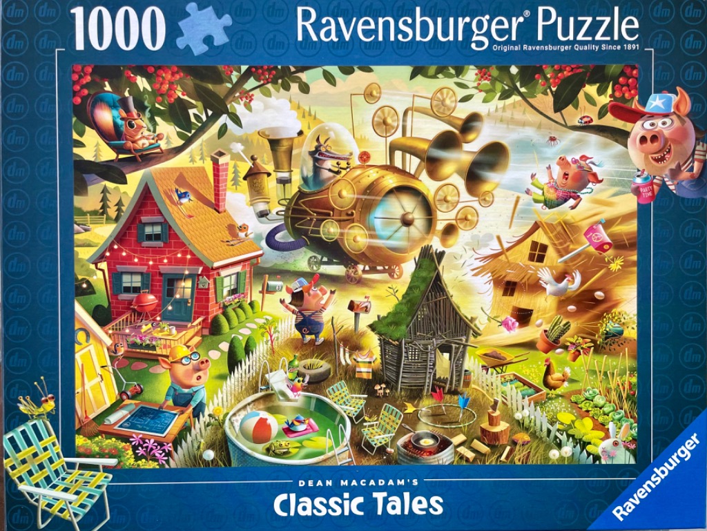 Whimsical, colorful cartoon illustration depicting a chaotic scene based on The Three Little Pigs with a steam-punk twist.