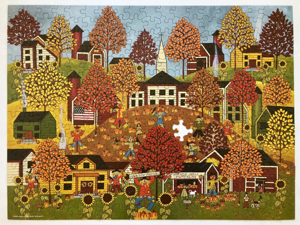 A whimsical folk-art style illustration of a rural autumn scarecrow festival in a village.